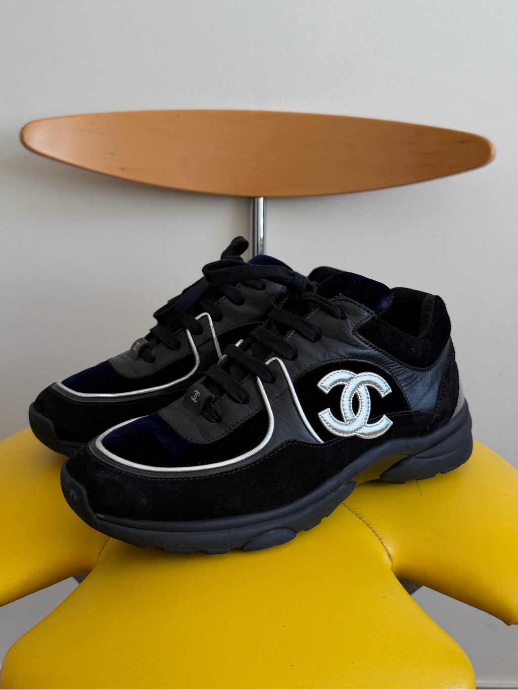 Chanel Black & Blue Velvet Suede Leather Cc Trainer Sneakers [8]